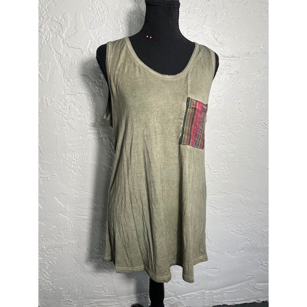 POL Olive Mineral Wash Boho Swing Tunic Tank Top Patch Pocket Large